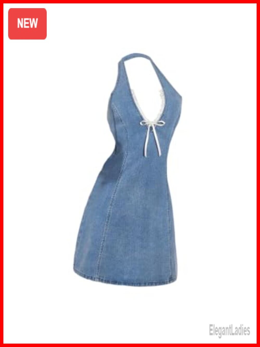 Women's Bow Halter Mini Jean Dress Lace Trim Denim Y2k Sleeveless